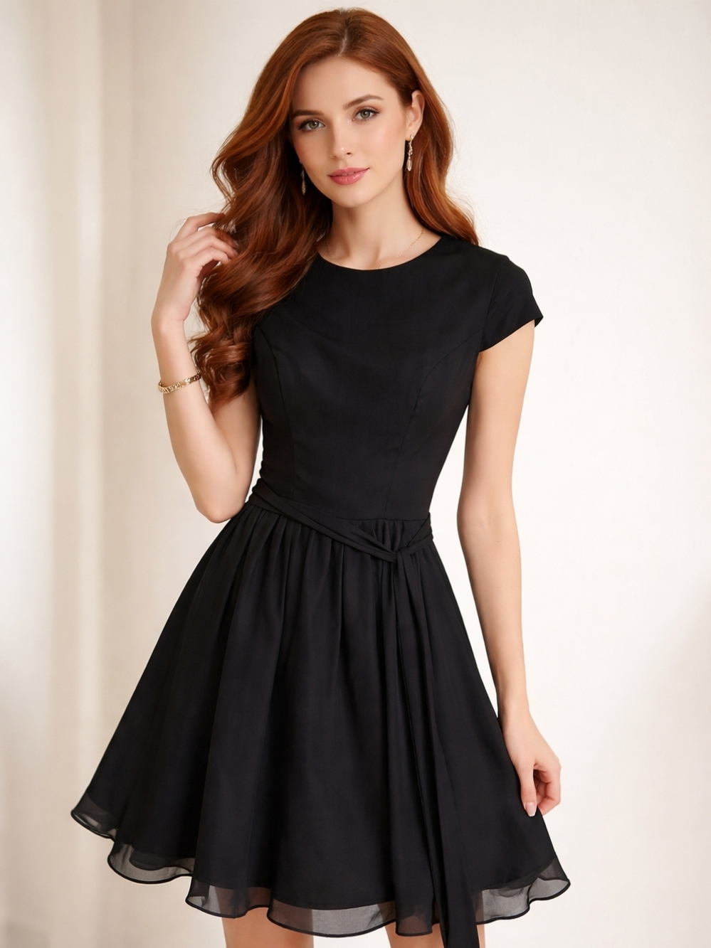 Sunvary Chiffon Black Cocktail Party Dress, back buttons crew neck Size US 6